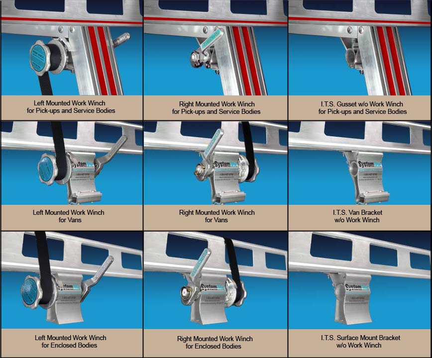 Work Winch in I.T.S. Gussets and Brackets for Pick up Truck Ladder Racks, Van Ladder Racks and Enclosed Body / Box Truck Ladder Racks